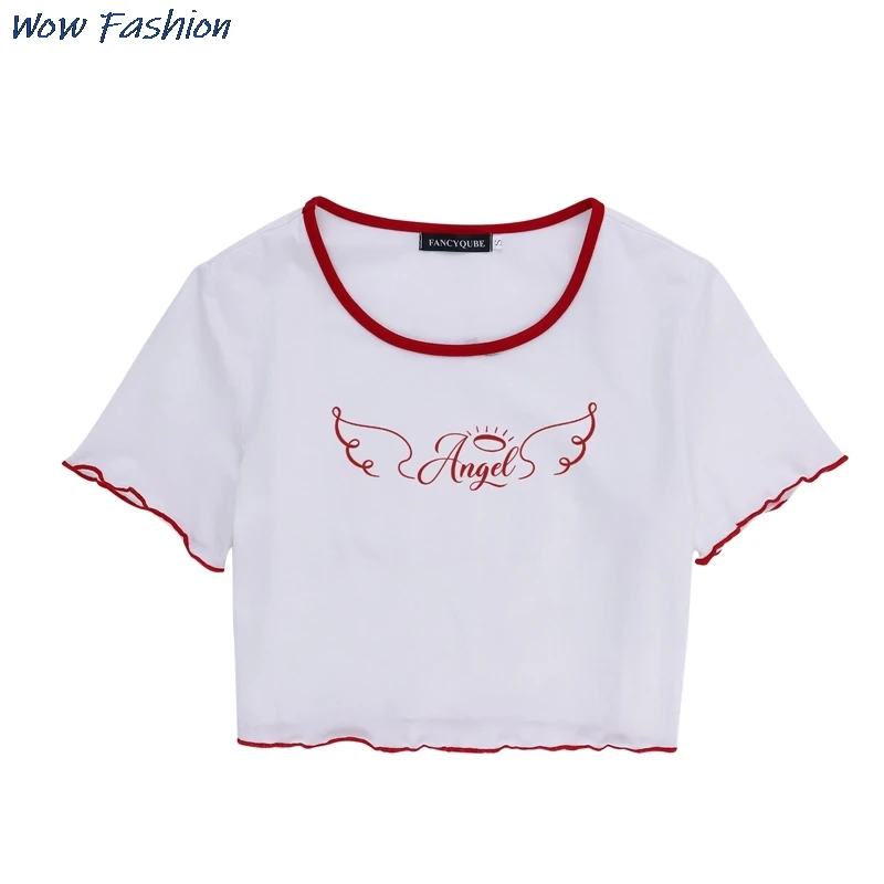 

A T-Shirt For Women Casual O-Neck Letter Print Short Sleeve Cropped Tops Female Streetwear All Match Cotton Tees 2021