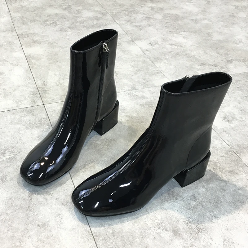 

Sexy Women Lady Brown Black Patent Leather retro square toe chunky square heel High heels Shoes short tube Ankle zipper boots