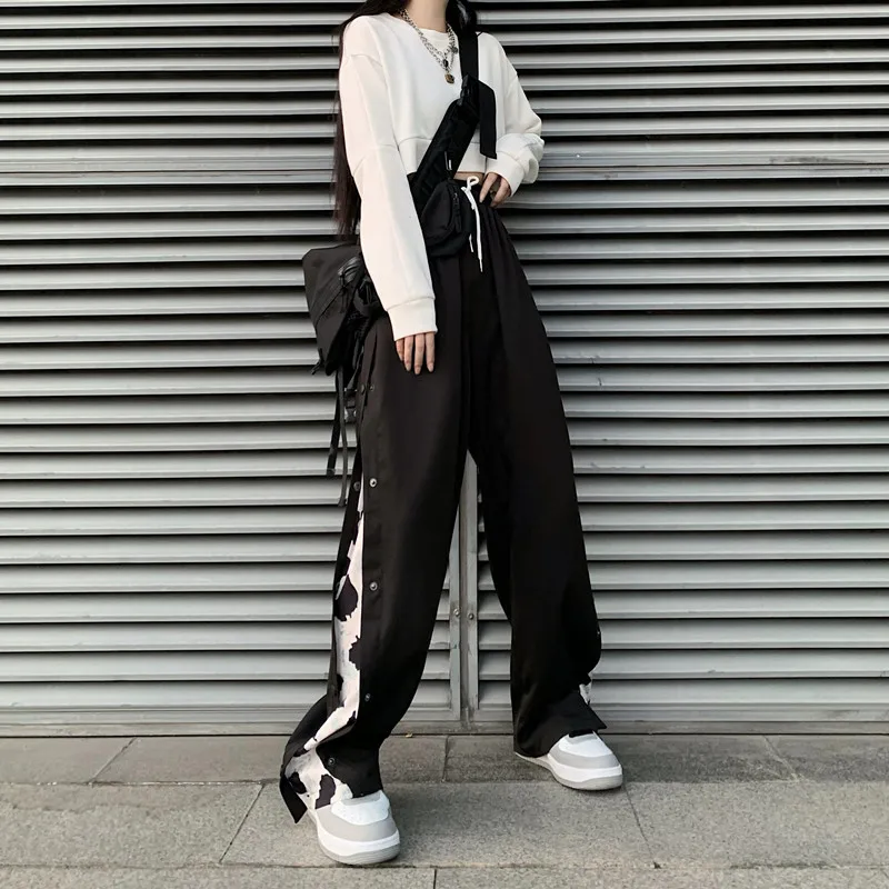 

Women'S Pants Autumn And Winter Trend Harajuku Button Black High Street Trousers Loose Straight Leg Casual Pants Woman Trouser