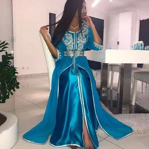 Blue Kaftan Abaya Evening Dress Long Sleeve Islamic Dubai Saudi Arabic Long Elegant Formal Evening Gown