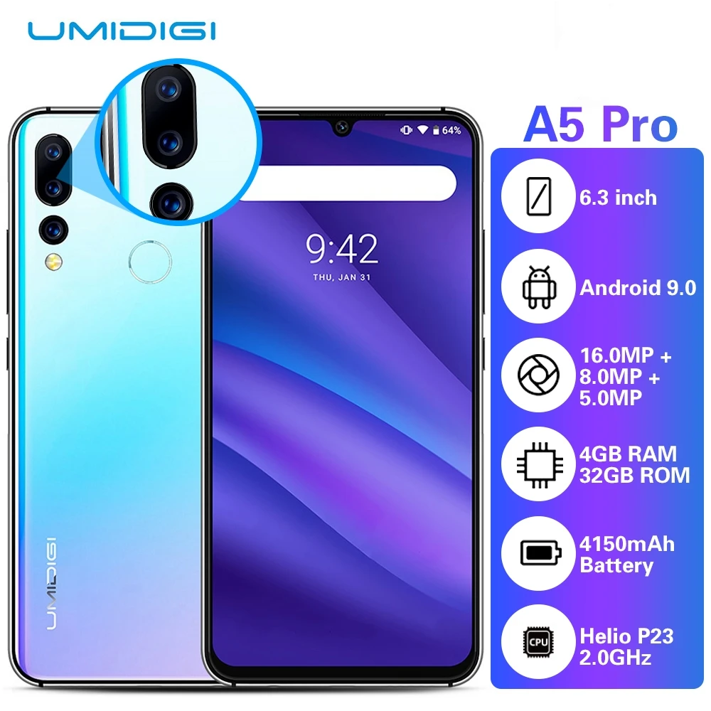 Смартфон UMIDIGI A5 PRO 4G 6 3 дюймов FHD + Android 9 0 мобильный телефон 4 Гб ОЗУ 32 ПЗУ 16 Мп 8 МП 5