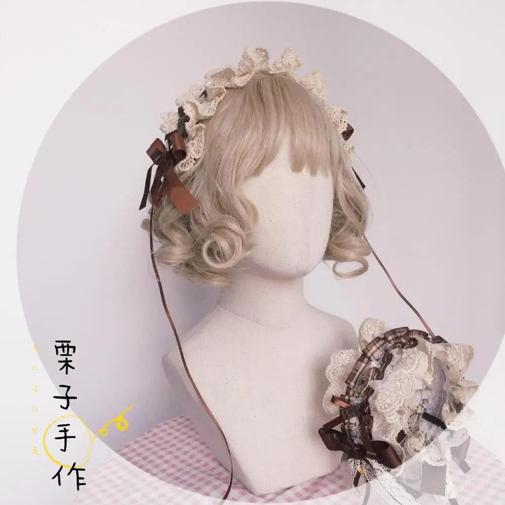 

Lolita KC Handmade Hair Hand Chocolate Drown Headdress Bowknot Lace Trim Plaid Long Streamer Hairpin Daily Hair Accessories