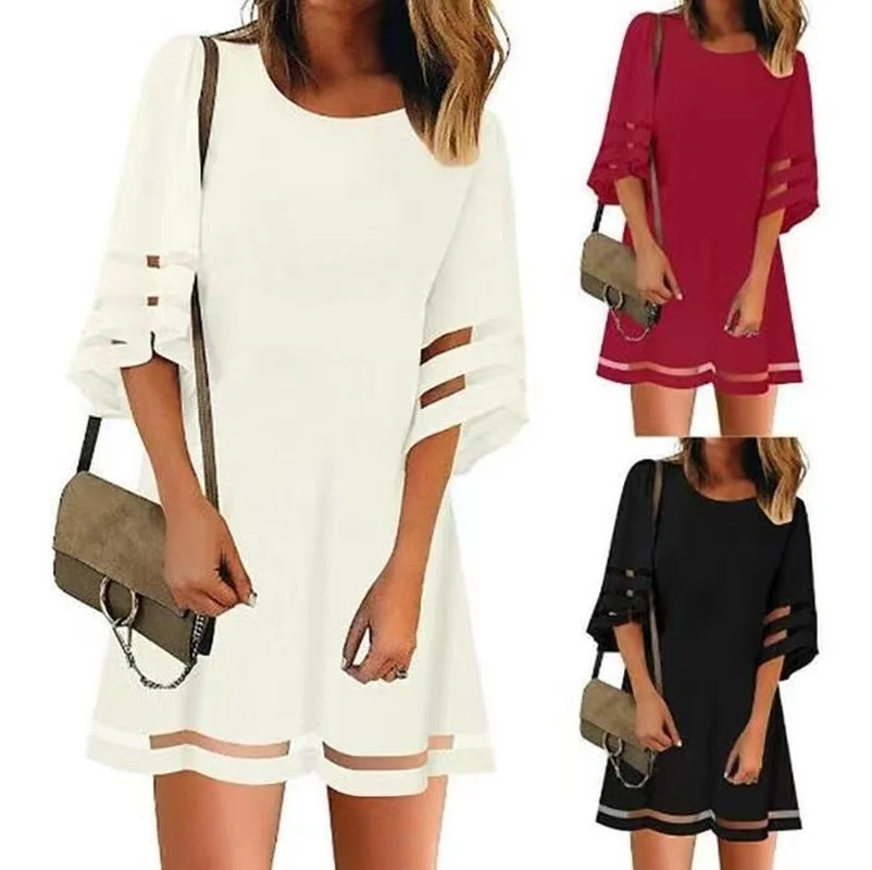 

Summer Women's Dress Lace Three-quarter Sleeves Round Neck Simple Atmosphere All-match Fashionable Skirt Ladies Clothing WE41