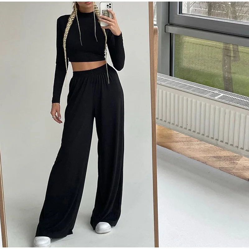 Костюм женский облегающий из двух предметов Топ с длинным рукавом и широкие