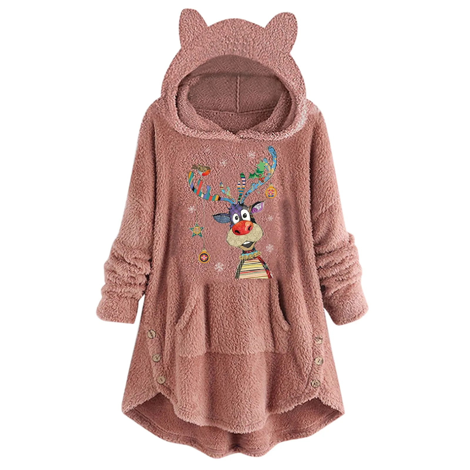 

Essentials Women's Christmas Overcoat Plush Warm Coat Long Sleeve Artistic Deer Print Hoodie Pullover Jacket with Pocket