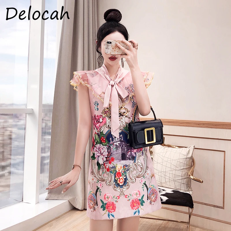 

Delocah новые 2021 летние женские модные взлетно-посадочной полосы вечерние мини-платье с короткими рукавами и кружевным бантом с винтажным прин...
