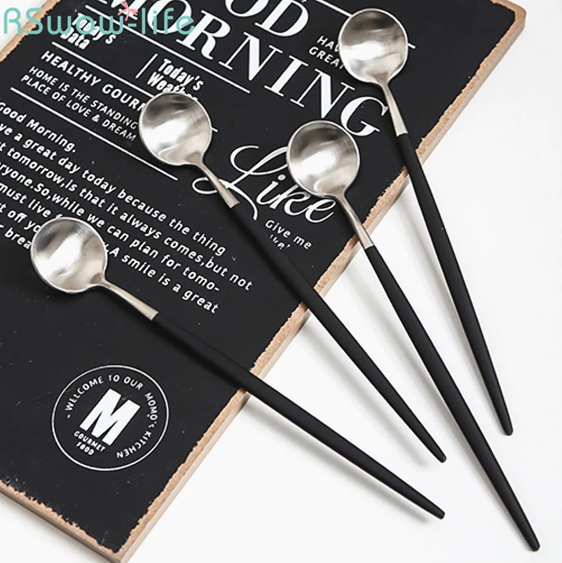 

304 Stainless Steel Western Style Tableware Creative Drawing Long Coffee Spoon Tea Spoons Long-Handled Kitchen Supplies Black