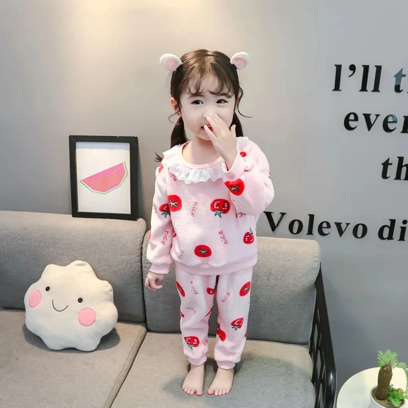 

Baby Flannel Pajamas Suits Cartoon Printed Infent Two-Piece Set Girls Long Sleeve Pullover Top Trousers Autumn Winter Tops Pants