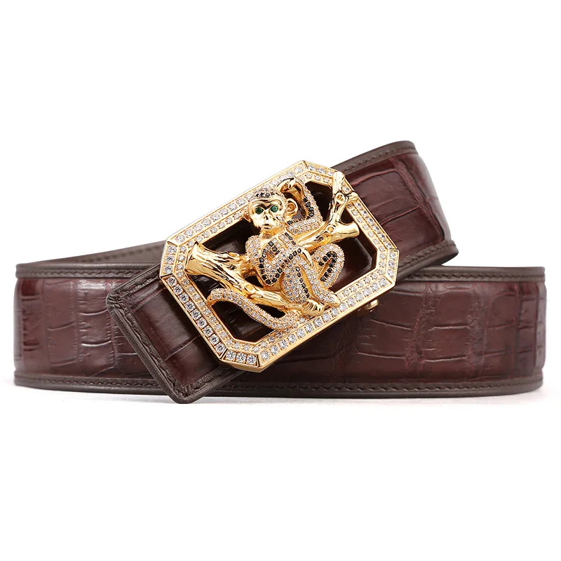 Monkey brown McParko Crocodile Belt Mens Leather Belts With Buckle Luxury Animal Design Genuine Leather Waist Belt with rhinestones Buckle - Цвет: Monkey brown