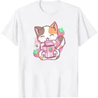 Футболка женская летняя с коротким рукавом, милая аниме футболка с клубничным коктейлем, молоком, кошкой, милой кошкой для влюбленных, хипстер