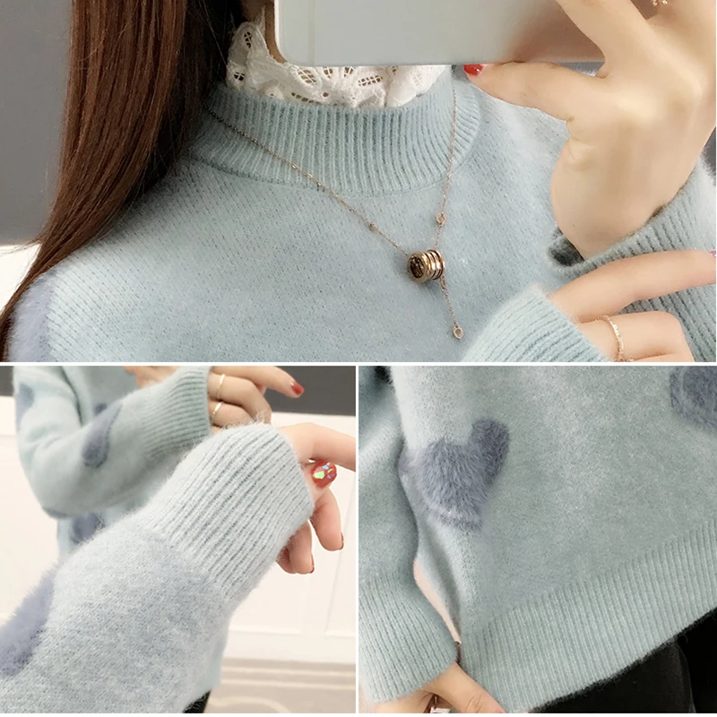Свитер с сердечками кавайный шерстяной мохеровый бархатный женский пуловер