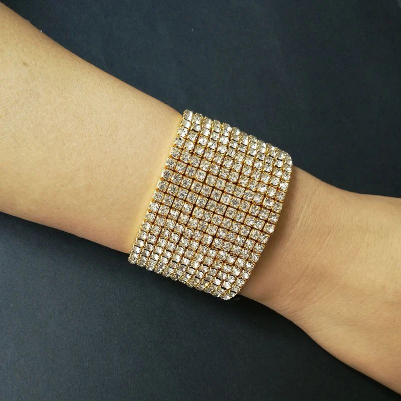 12 рядов Стразы свадебный браслет с кристаллами посеребренный и золотистый цвет