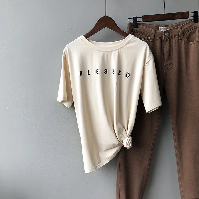 Sherhure 2020 Letter Print Women Summer Cotton White T Shirts O-Neck Short Sleeve Tops For Blusa | Женская одежда