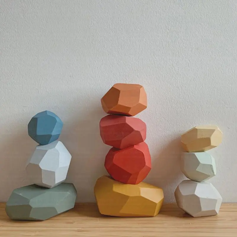 

16 Pcs Children Wooden Colored Stone Stacking Game Building Block Education Toy