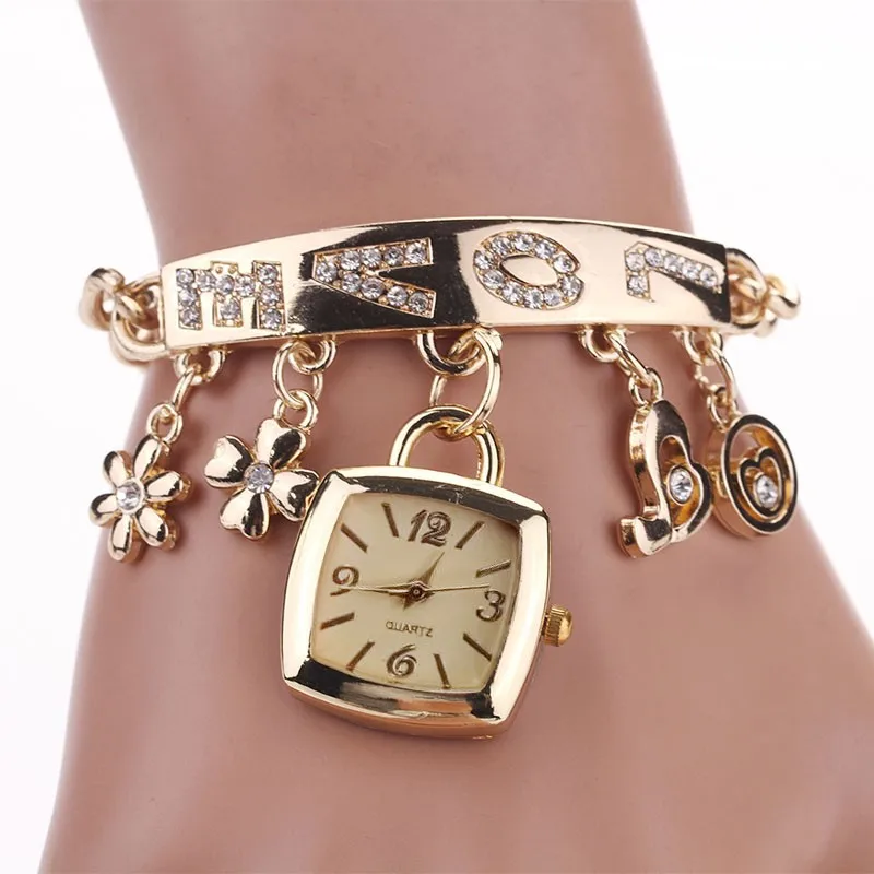 

2020 New Fashion Watch Women Love Rhinestone Chain Gold Silver Square Watch Girls Lady Bracelet Quartz Wrist Watch Drop Shipping