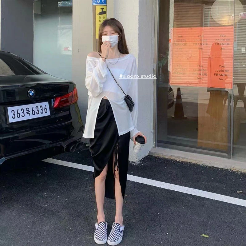 

Irregular Sloping Shoulders Slim Long-sleeved Sun Protection Shirt Top Summer High Waist Skirt Two-piece Suit Women Long Skirt