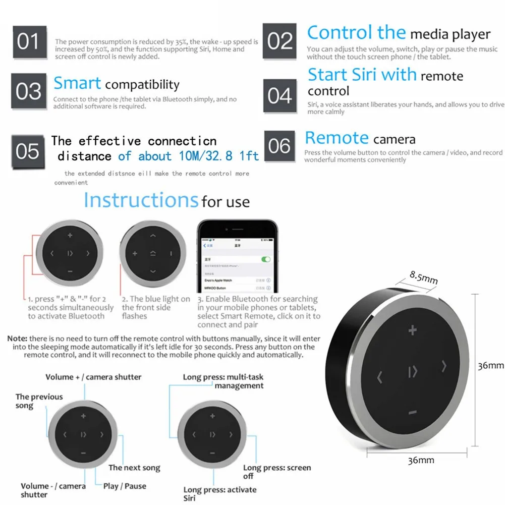 

Wireless Steering Wheel For Phone Bluetooth Devic Mp3 Remote Control Music Play Multimedia Button Compatible With Most IOS Devic