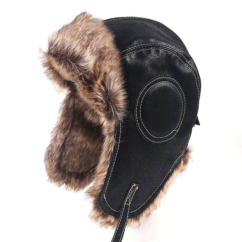 High Quality Russian Leather Bomber Hat 2021 Winter Ushanka Hat Men Women Pilot Trapper Hat Faux Fur Earflap Snow Cap Ear Flaps leather bomber hats