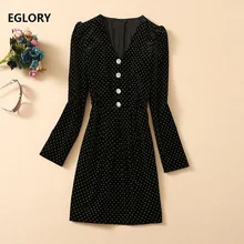 2020 Autumn Winter Fashion Celebrity Style Dress Women V-Neck Poka Dot Print Crystal Beading Buttons Long Sleeve Velvet Dress (3)