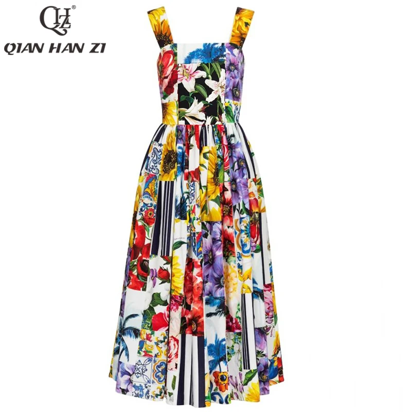 

Qian Han Zi new high-end custom fashion cotton summer dress Women Amazing Floral Print Beach Elegant Spaghetti Strap Midi Dress
