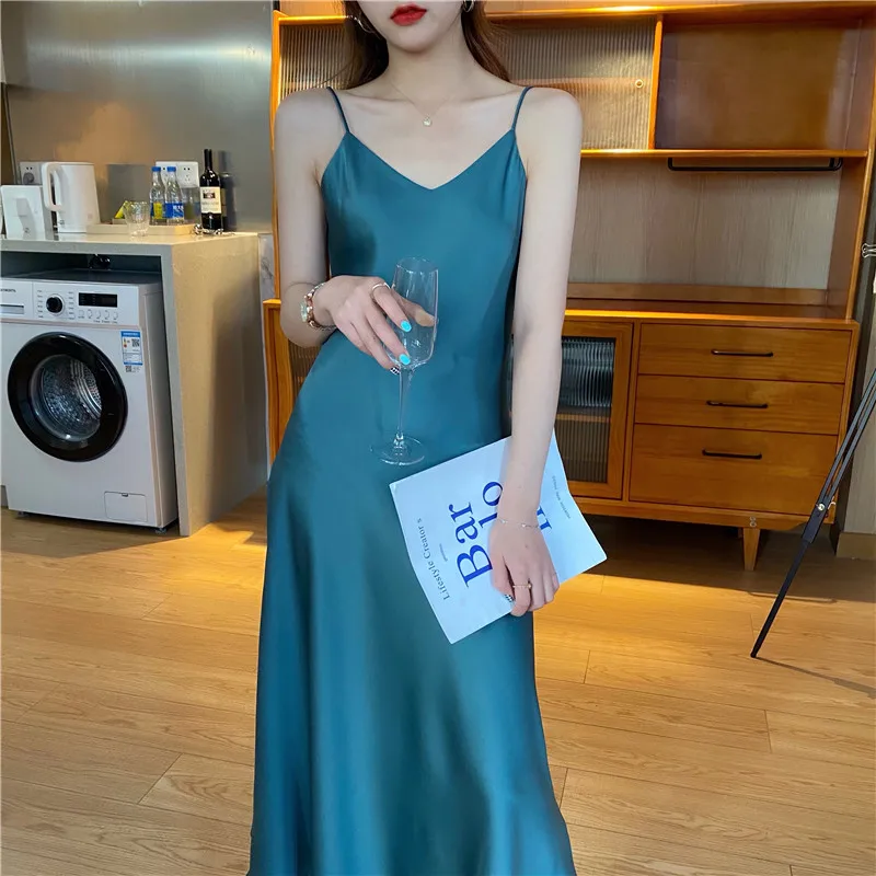 

Summer Black Sling Dress for Women French Silk Dress Inner Dress Elegant High Waist Slimming Dress A- Line V-neck Sexy Dress