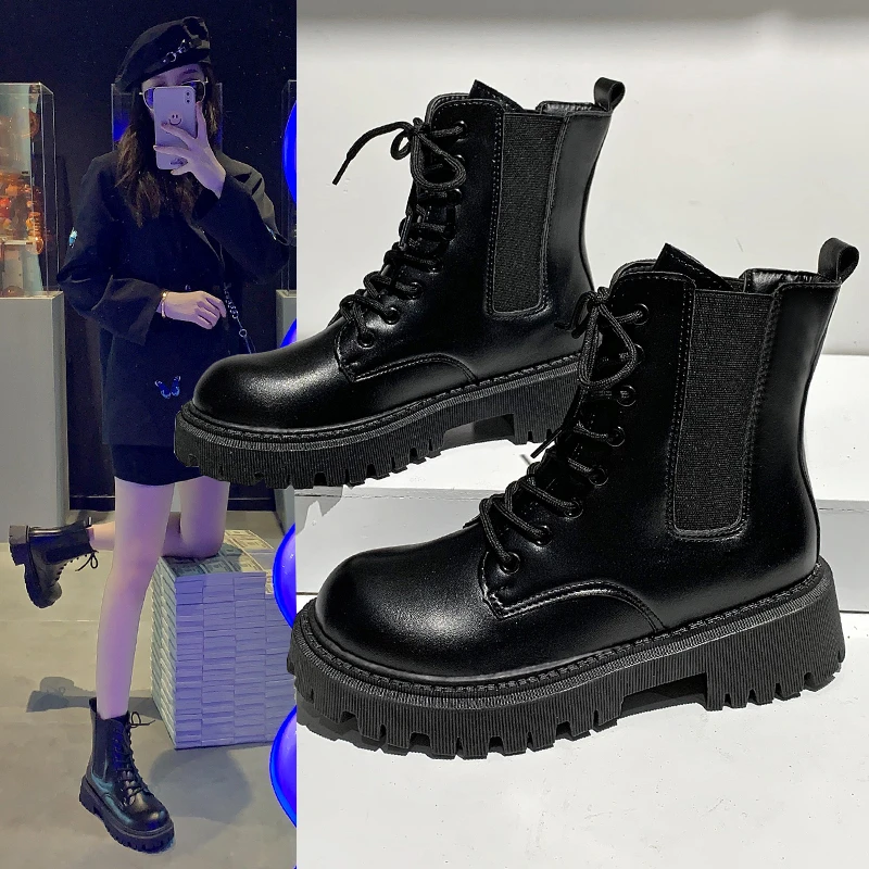 

Round Toe Lolita Boots Lace Up Booties Ladies Women Shoes Autumn Luxury Designer Mid Calf Black Rock Med Fashion Mid-Calf Rubber
