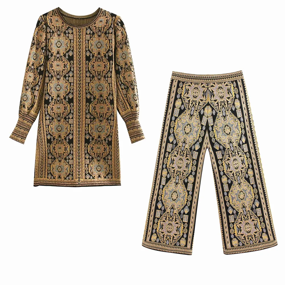 dress and pant Женские комплекты в английском стиле, винтажный буф с рукавами, жаккардовое вязанное платье, вязанные Широкие штаны, комплект из 2 предметов - Цвет: dress and pant