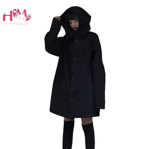 Harajuku уличная куртка на молнии с капюшоном Женский Большой готический панк-плащ винтажная черная верхняя одежда с длинным рукавом для пар пальто