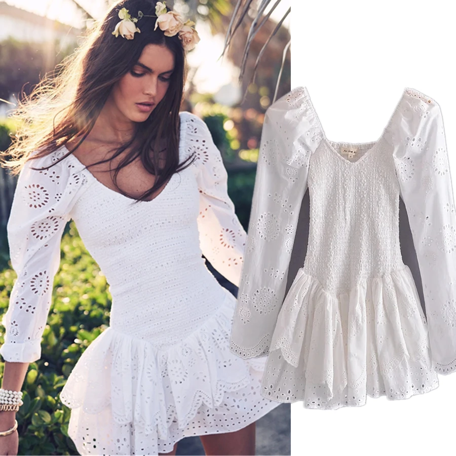 

Elmsk Autumn Dress Women Indie Folk Vintage Elegant Cotton Embroidery Lace Sexy Holiday Party Dress Mini Dress Women Vestidos