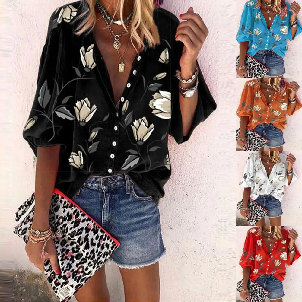 

Women Shirt Flower Print Stand Collar Casual Long Sleeve Loose Blouse for Party
