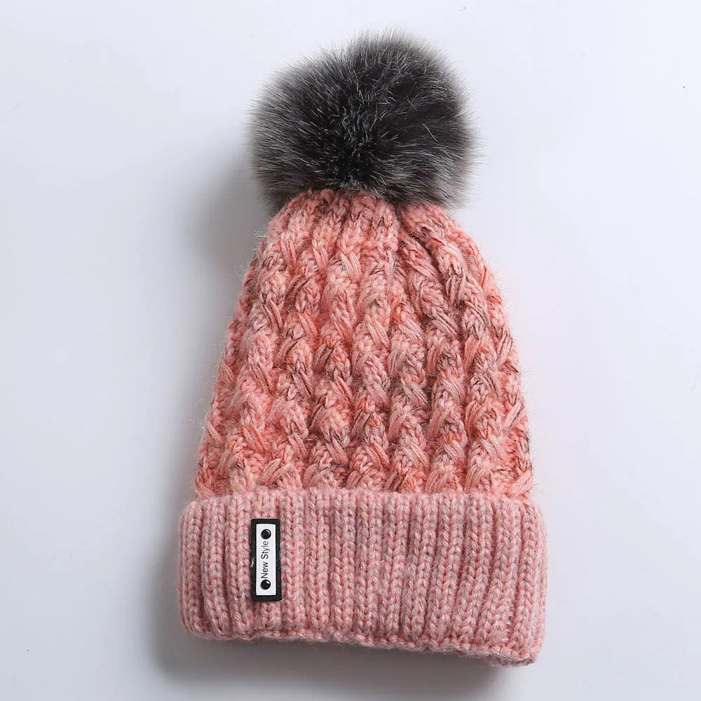 Pink Knitted Cap FS стиль зимние шапки для женщин Мех животных Pom Beanie вязаный Skullies Красный розовый плюс бархат открытый уха головы теплые шапки с помпоном - Цвет: Pink Knitted Cap