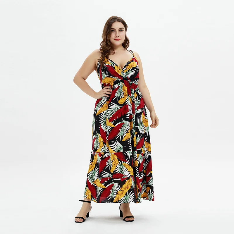 Vestido de verano de talla grande con tirantes, cuello en V, estampado de moda, bohemio, 2021