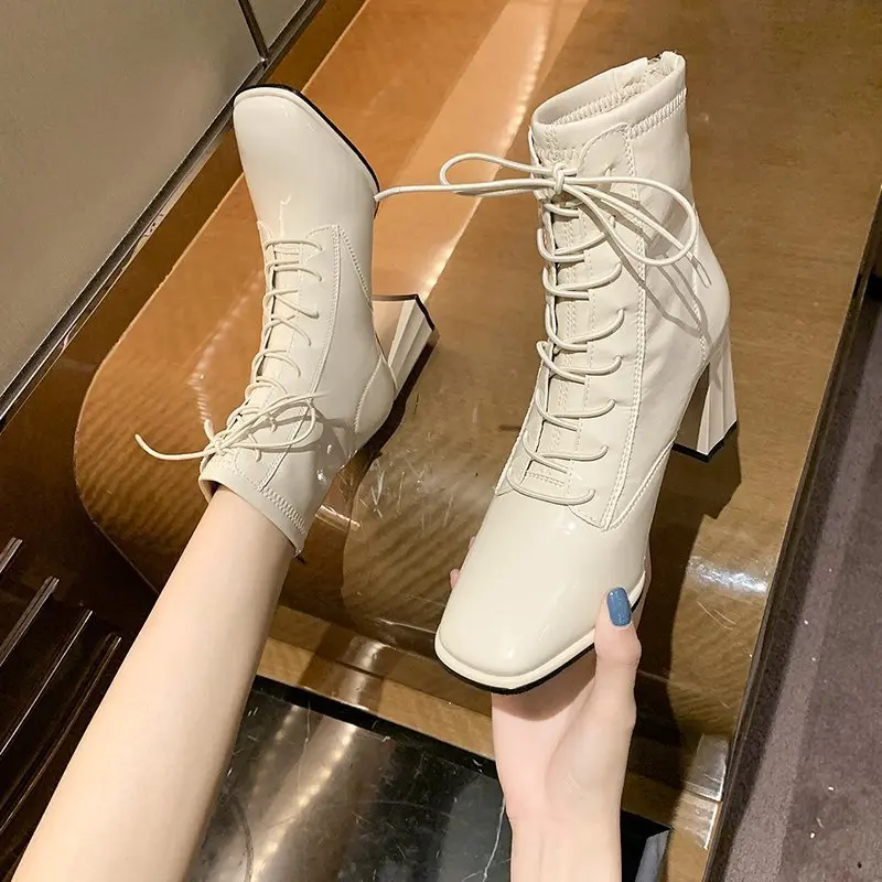 Patent Leather Boots High Heels Ankle Boots Ladies Beige Black Shoes Square Toe Chunky Heels New Fashion Trend Women Fall Shoes