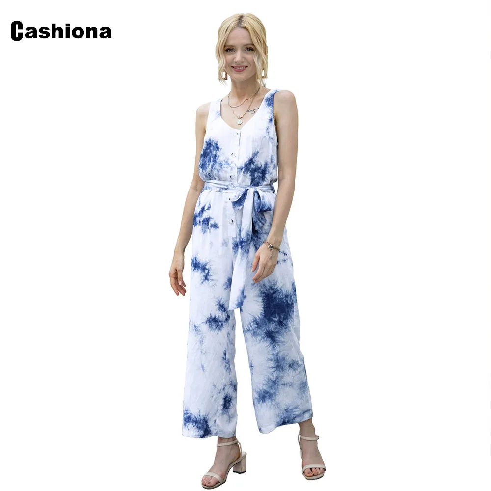 

2020 New Fashion Tie Dry Elegant Overalls Skinny Wide Leg Rompers V-Neck Sleeveless Casual Romper Belted Design Summer Jumpsuits