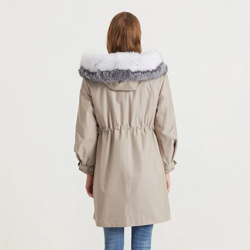 

Rabbit Mid-Length Rex Thick Warm Fur Parkas Women Hood Coats And Splicing Drawstring Jackets Winter Big Size Fox Hair Collar Out