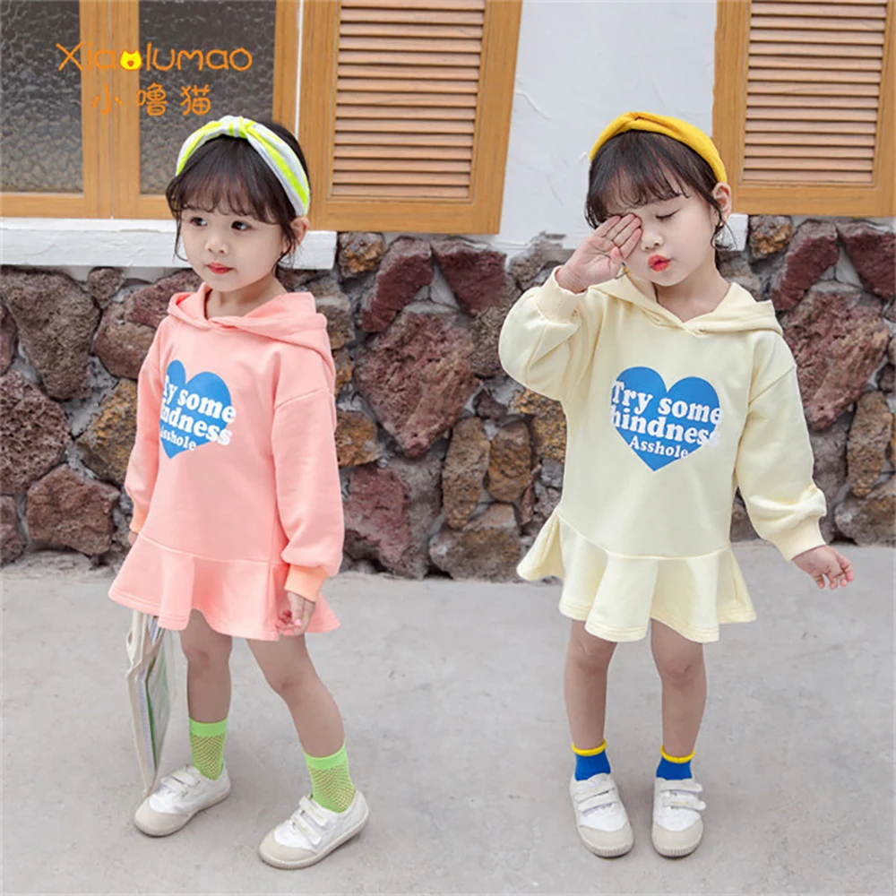 

Girls Dresses Hoodies Heart Print Long Sleeve Baby Girl Clothes Cotton Princess Kids Hooded Dress for Girl