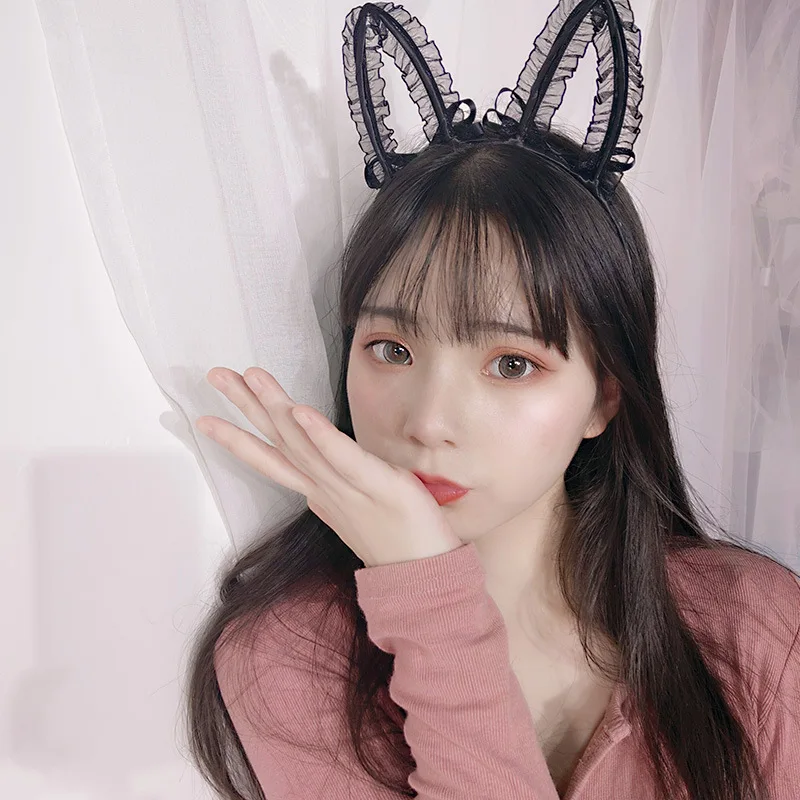 Женские кружевные ободки для волос Kawaii однотонные с кошачьими ушками и бантом из
