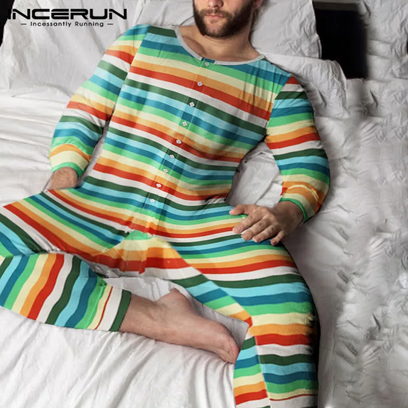 

Men Striped Pajamas Jumpsuit O Neck Long Sleeve Fitness Homewear Button Cozy Romper Leisure Men Nightwear Overalls S-5XL INCERUN