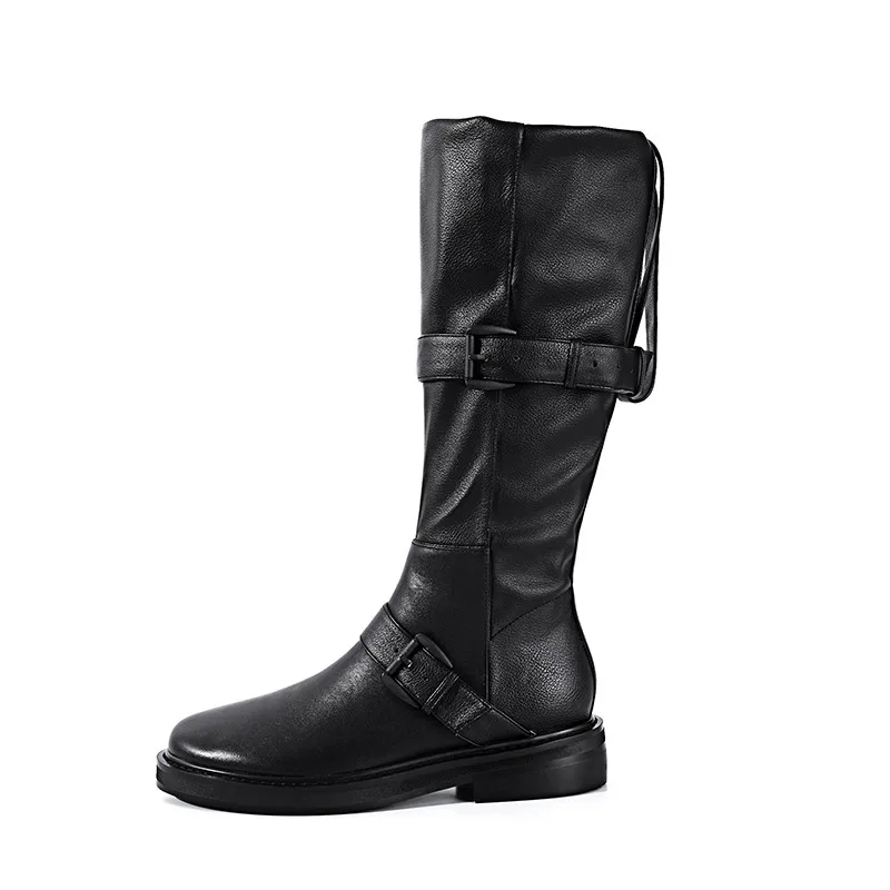 

Prova Perfetto Round Toe Elastic Leather Boots Woman Fashion Flat Winter Shoes Black Belt Buckle Plush In Women Mid Boots 2021