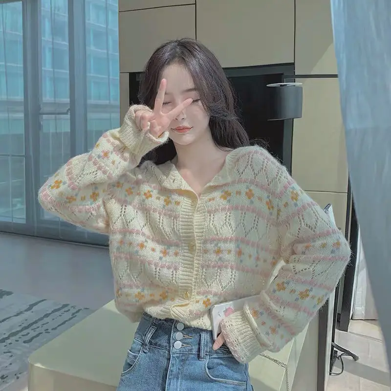 

Женский трикотажный кардиган с цветочным принтом, однобортный Кардиган с длинным рукавом и вырезами, модель F45 на осень и зиму, 2022