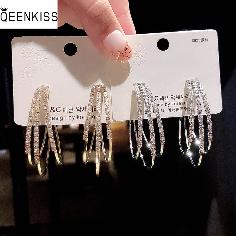 

QEENKISS EG7491 Fine Jewelry Wholesale Trendy Woman Birthday Wedding Gift Circle Zircon 925 Sterling Silver Needle Hoop Earrings