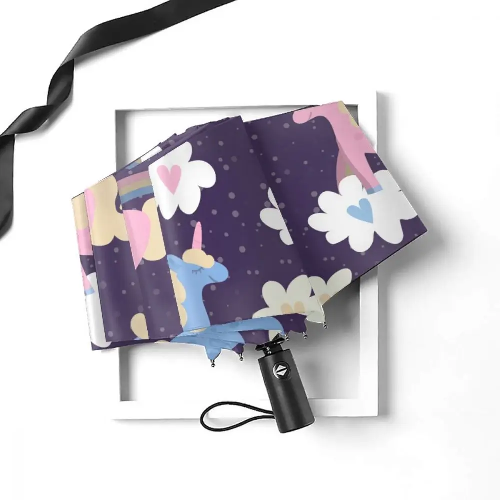 Автоматический зонт Розовый Единорог с радугой и облаками тройного сложения для