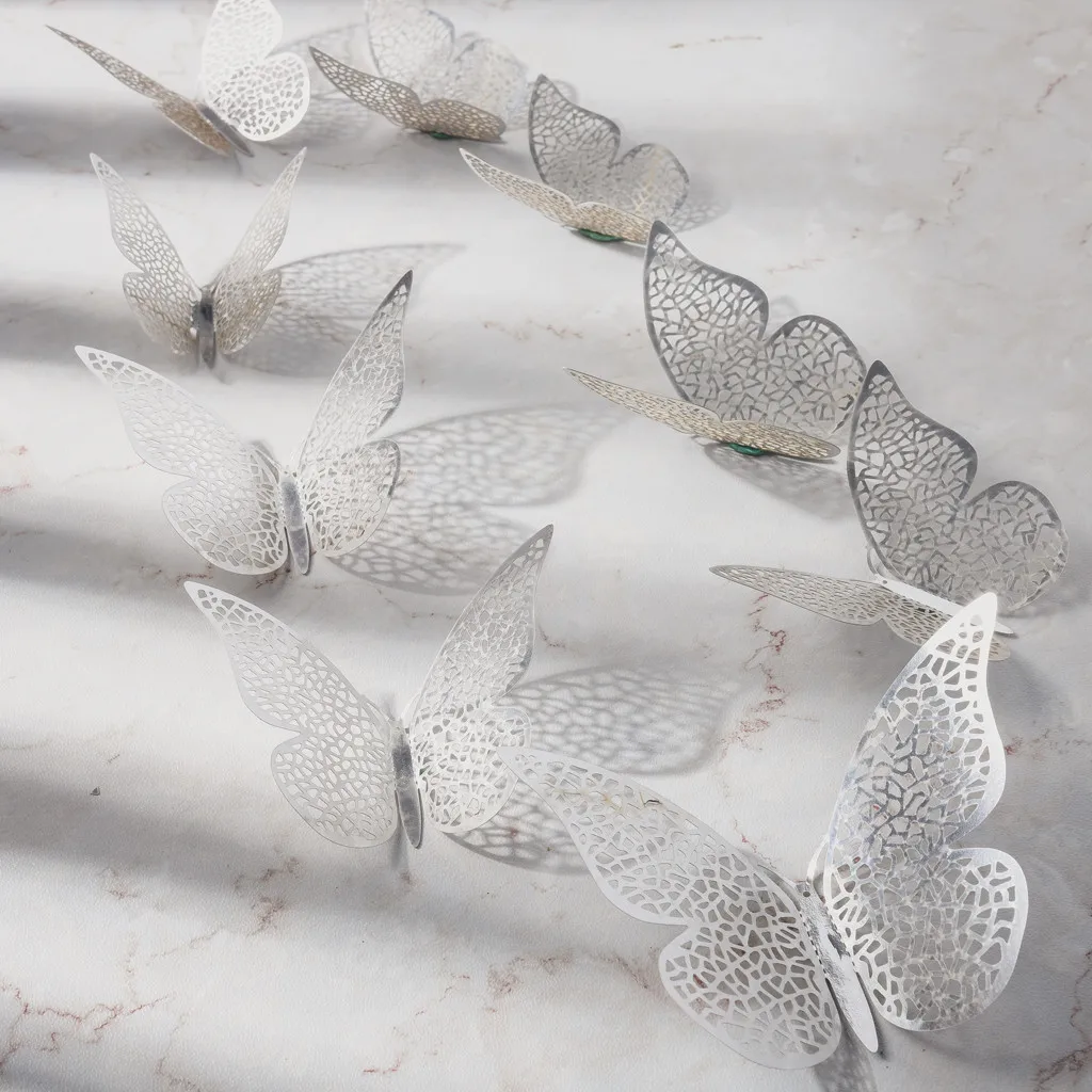 12 шт./компл. 3D наклейки на стену бабочка полые бумажные 3 размера Серебристые