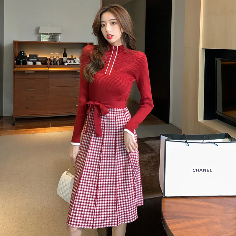 

Winter Women's Korean Style Knit Dress Fashion Turtlenck Sweater Knit Spliced Plaid High Waist A-line Dress Vestidos Knee Length
