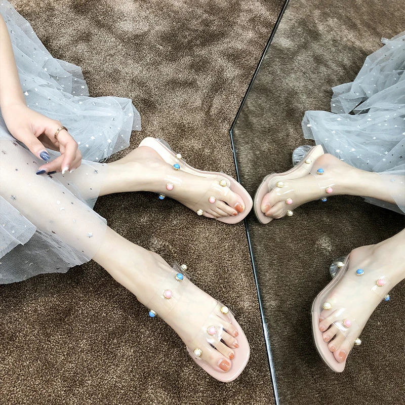 

Female Shoes String Bead Ladies' Slippers Women Heels Luxury Slides Square heel 2021 High Designer Block Rubber Fashion PU Pumps