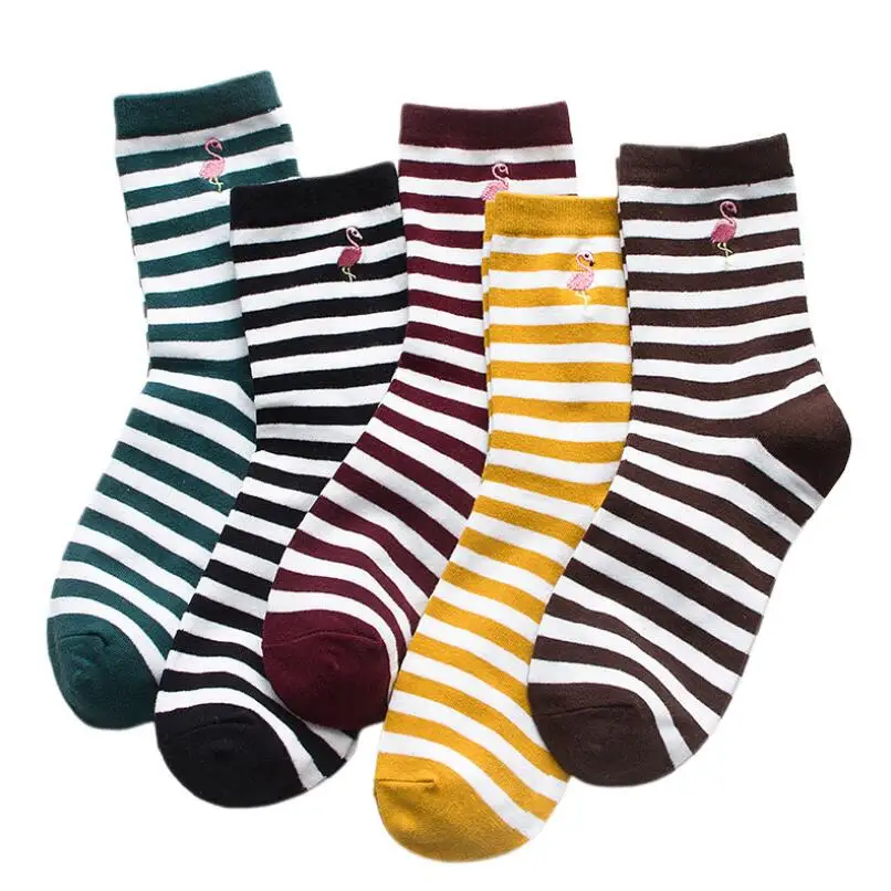 Woman Flamingo Embroidered Ankle Socks Students Soild Cotton Socks Crew Sock Girls Embroidery Cotton Striped Ankle Socks 5 Pair