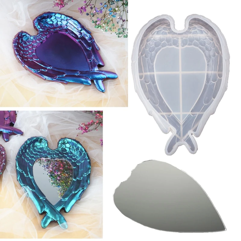 

F2TD Wing Love Mirror Tray Epoxy Resin Mold Serving Board Plate Coaster Silicone Mould DIY Crafts Home Decorations Casting
