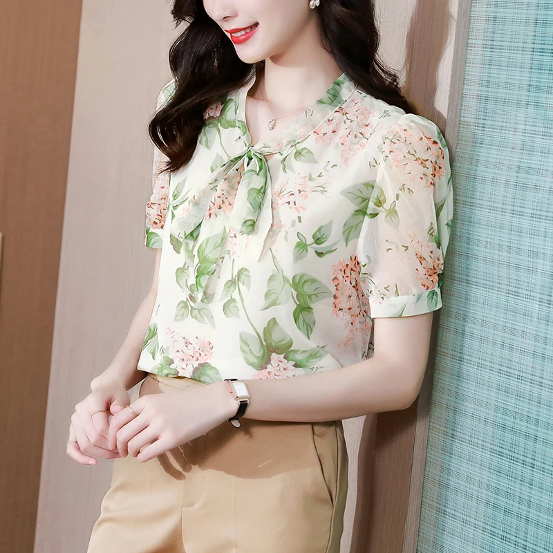 

Блузка женская шифоновая с цветочным принтом, свободная офисная рубашка во французском стиле, лето 2021