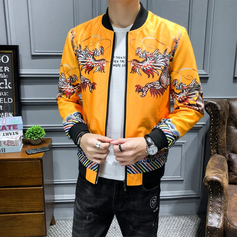 Мужская куртка с цветочным принтом осенняя винтажная дракона уличная одежда в