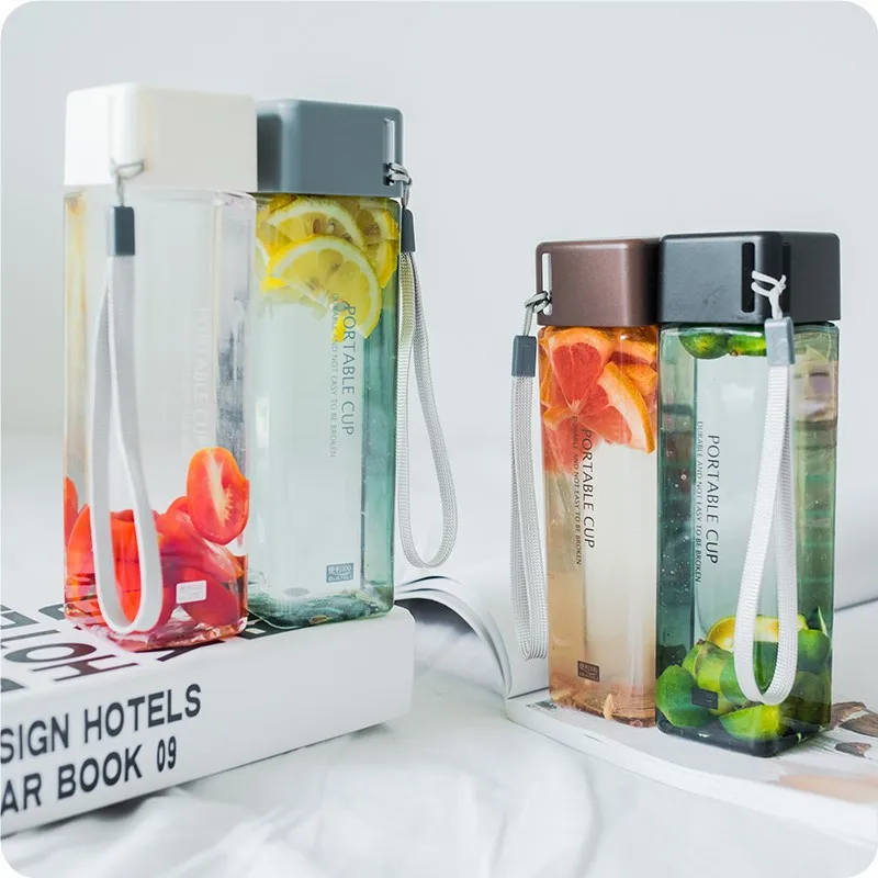 Transparant Square Juice Milk Fruit Water Bottle Cute 470ml Portable Drinking with Rope Korean Style Cups for Student School | Дом и сад